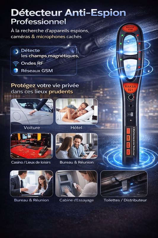Détecteur Anti-Espion – Détecteur de Caméras Cachées, Micros Espions et Traceurs GPS